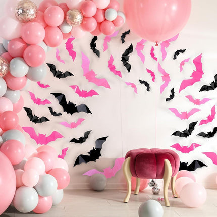 72-Piece Pink & Black 3D Bat Wall Decals, PVC Waterproof Removable Halloween Decor