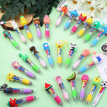 28PCS Fun Pens for Kids – 4-Color Ballpoint, Cartoon Animal, Mini Retractable Pens