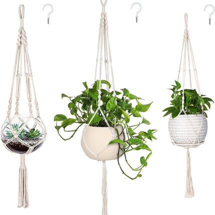 3-Pack Macrame Plant Hangers – Indoor Hanging Planters with 3 Hooks