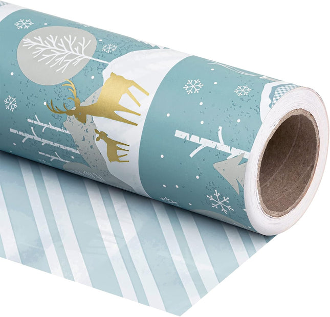 Christmas Wrapping Paper Mini Roll – Reindeer & Stripe Holiday Gift Wrap