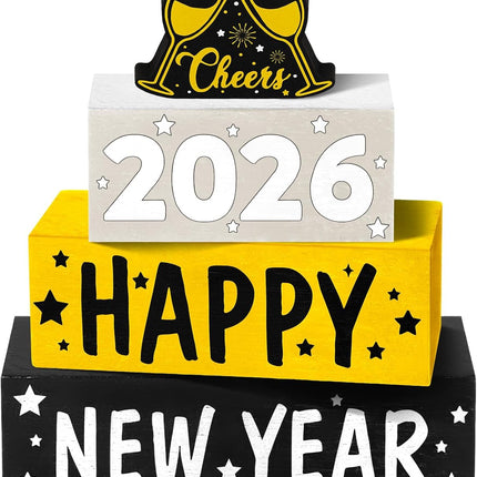 4-Piece New Year 2026 Wooden Block Decorations – Tabletop & Mantle Decor
