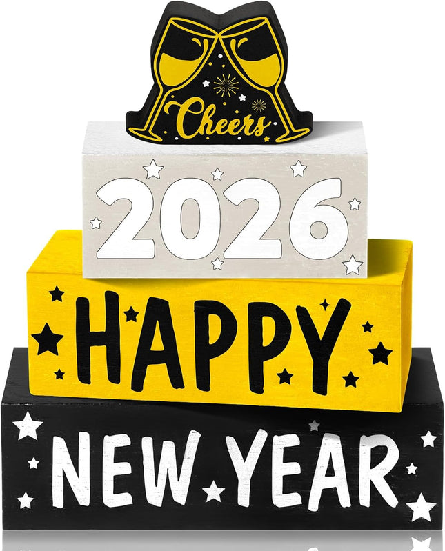 4-Piece New Year 2026 Wooden Block Decorations – Tabletop & Mantle Decor