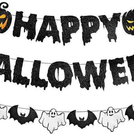 Black Glitter Happy Halloween Banner, Pumpkin Ghost Bat Garland for Party Decor