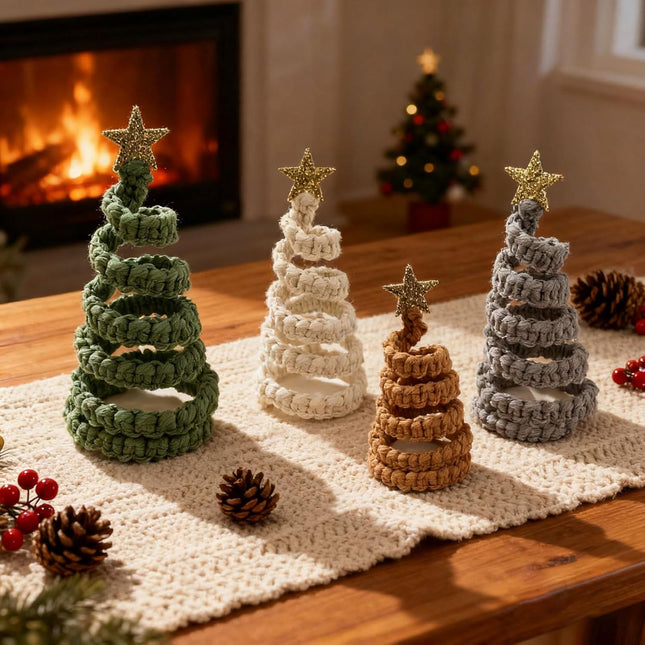 4pcs Mini Christmas Trees with Glitter Stars, Rustic Tabletop Holiday Decor