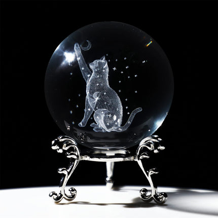 60mm 3D Cat Crystal Ball – Laser Etched Moon & Stars, Paperweight Decor
