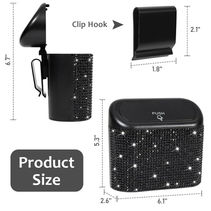 Bling Car Trash Can with Lid – Mini Auto Garbage Bin, 60 Bags, Black Rhinestone