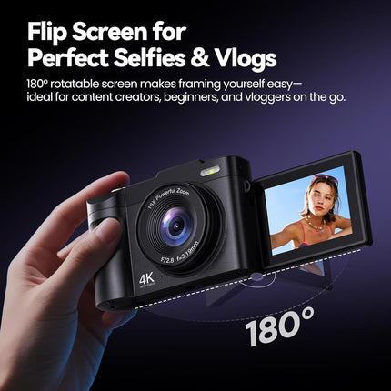 4K Digital Camera 50MP 16X Zoom Flip Screen Compact Camera for Teens