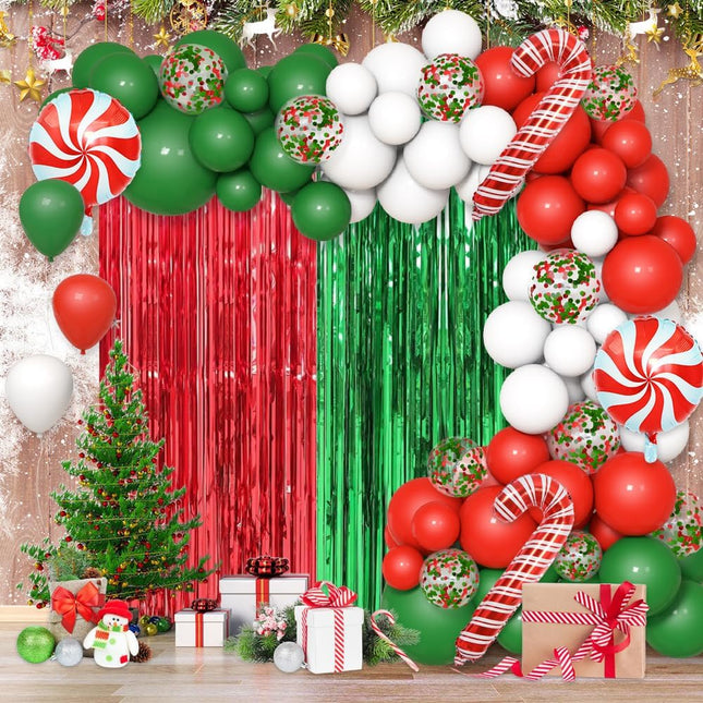 153pcs Christmas Balloon Garland Kit – Red Green White Balloons & Foil Curtain