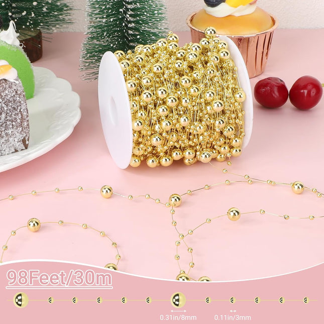 98Ft Christmas Pearl Garland – Gold Plated Beads for Home & Party Decor