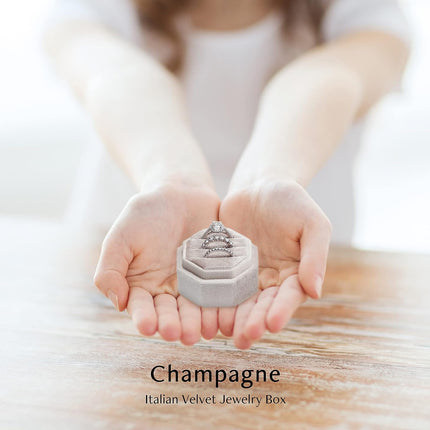 Velvet Jewelry Ring Box – Triple Slots, Engagement & Wedding, Champagne