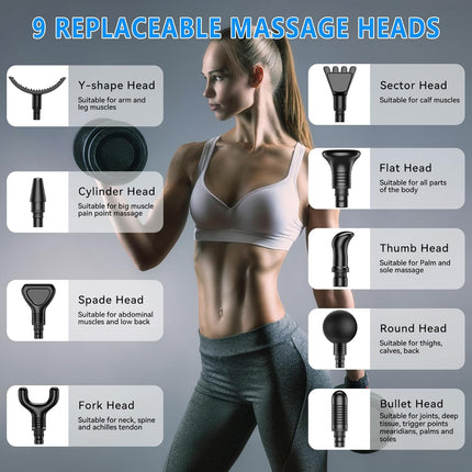 Massage Gun for Athletes – Handheld Deep Tissue Massager, 30 Speeds, 9 Heads