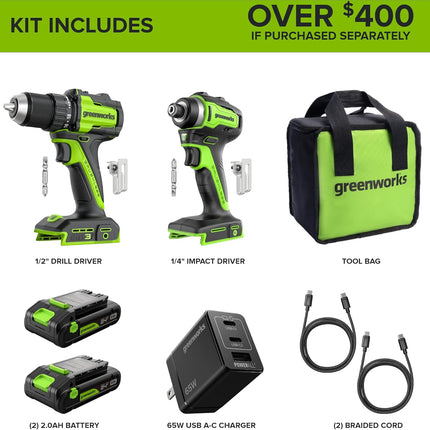 24V Brushless Drill & Impact Driver Combo, Lightweight with USB-C Batteries & Charger