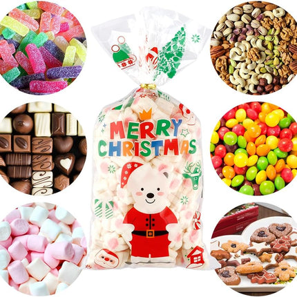 100PCS Christmas Cellophane Treat Bags – Clear Candy Bags with Twist Ties