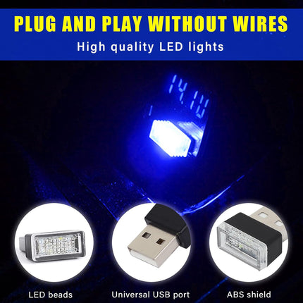 4 PCS USB LED Car Interior Atmosphere Lights – Blue Ambient Lighting for Most Cars