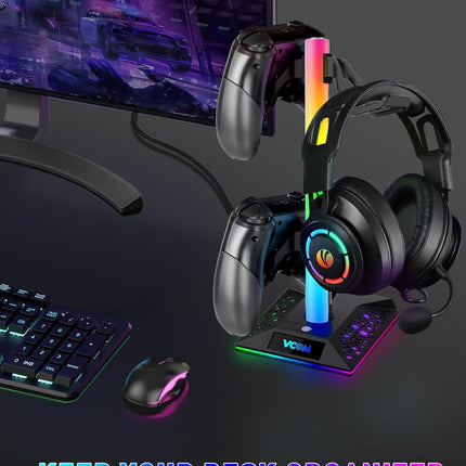 RGB Gaming Headset Stand with 2 USB Ports 10 Light Modes Non Slip Base Black