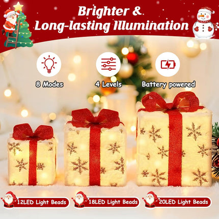 Christmas Decorations 3 Lighted Gift Boxes Battery-Operated Presents LED Lights & Bows Indoor & Outdoor