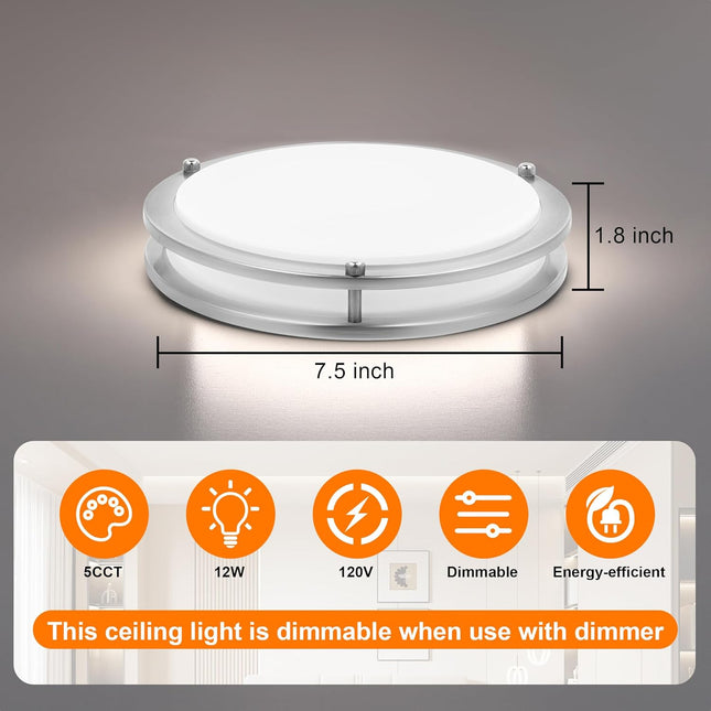 7.5 Inch Round Brushed Nickel Ceiling Light – LED Flush Mount, Adjustable 2700K-5000K
