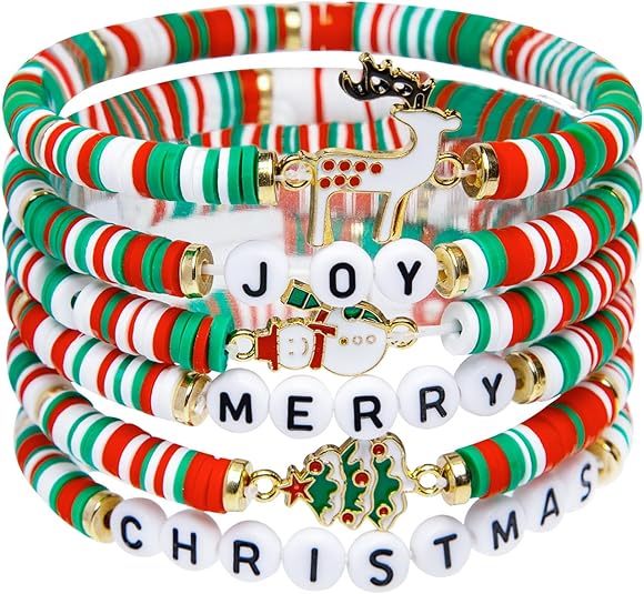 6 Pack Festive Christmas Bracelets Candy-Inspired Stacks for Women & Teens