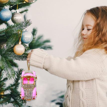 Pink Car Christmas Ornament – Metallic Handmade Design with Rhinestones for Girls