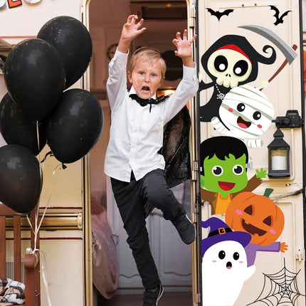 2-Sheet Halloween Door Stickers, Pumpkin Ghost Skull Witch Wall Decals, 35.4x11.8in