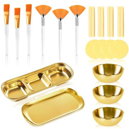 3 Pcs Esthetician Supplies – Gold Mixing Bowls, Serving Trays, Brushes & Facial Sponges