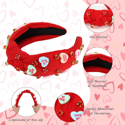 Valentine’s Day Headband for Women: Love Red Heart Rhinestone Knotted Hair Accessory