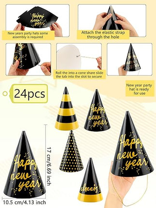 24-Piece NYE Party Cone Hats – Happy New Year Paper Hats Set, 4 Styles