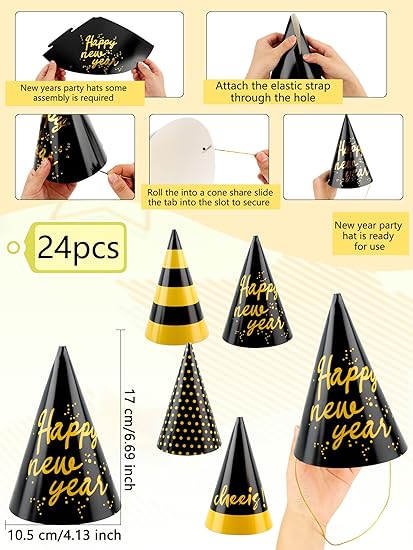 24-Piece NYE Party Cone Hats – Happy New Year Paper Hats Set, 4 Styles