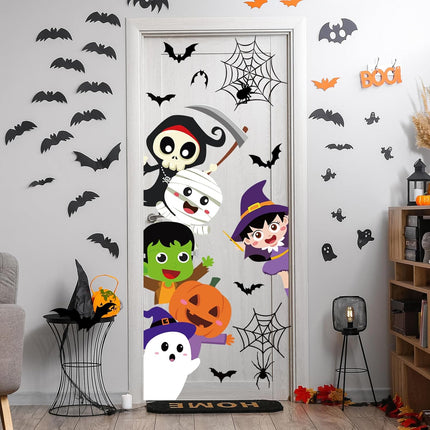 2-Sheet Halloween Door Stickers, Pumpkin Ghost Skull Witch Wall Decals, 35.4x11.8in