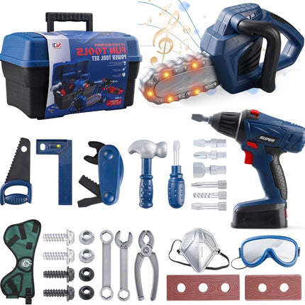 32-Piece Kids Tool Set – Toy Chainsaw & Drill with Carrying Case & Belt