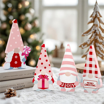 4PCS Pink Wooden Christmas Gnomes – Cute Tabletop Holiday Decorations