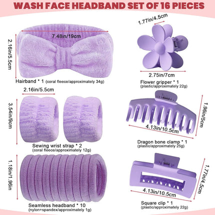 16PCS Spa Headband Set Face Wash Wristbands Clips Hair Ties Gift Box