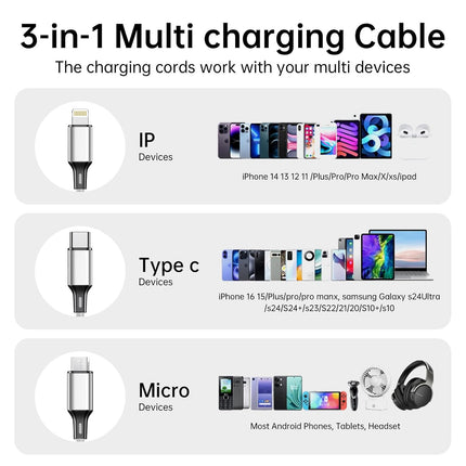 3 in 1 USB Charging Cable 3A Fast Charger Cord for iPhone Android Devices