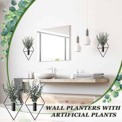4-Pack Hanging Planters – Artificial Eucalyptus, Geometric Metal Wall Decor