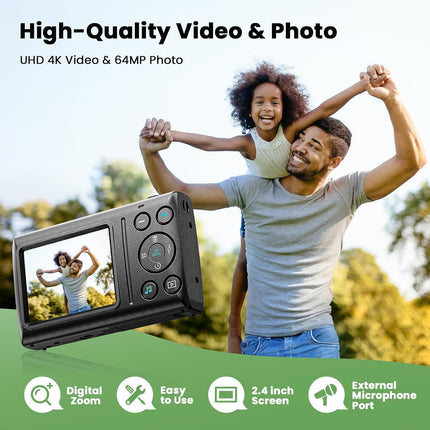 Digital Camera 4K 64MP Point & Shoot 18X Zoom Kids Teens Photography Gift