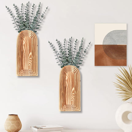 2 Pack Wooden Wall Vase Set, Brown Farmhouse Boho Decor for Entryway & Living Room