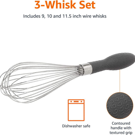 3 Pack Stainless Steel Whisk Set Black Silver Ergonomic Handle Cooking Mixing