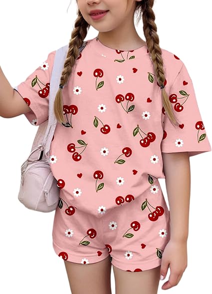 Girls Summer 2 Piece Outfit Set Short Sleeve T-Shirt & Shorts Clothes for Kids 4-13 Years