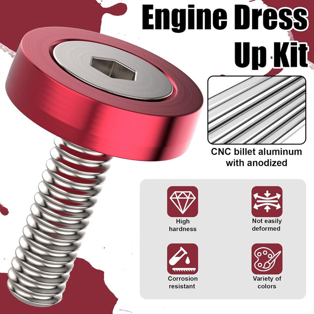 40PCS M6 Aluminum Engine Bay Dress Up Kit, Red Fender Bumper Bolts Washers