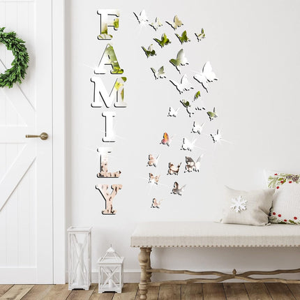 Family Home 3D Wall Sign – Silver Acrylic Mirror Letters for Bedroom & Kitchen