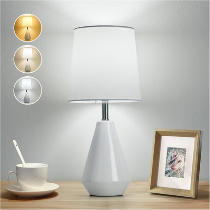 15.5" Ceramic Bedside Table Lamp 3 Color Temperatures Fabric Shade White