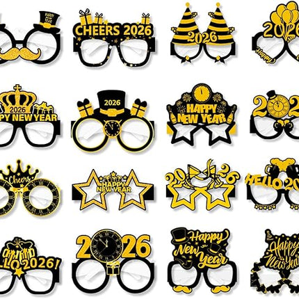 16-Piece NYE Glasses 2026 – Black & Gold Party Eyewear for Celebration