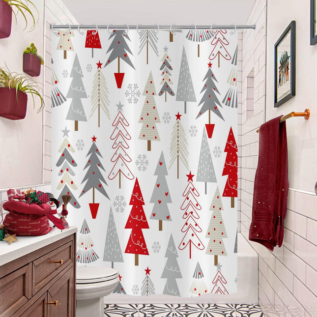 Christmas Tree Shower Curtain – Grey, Beige & Red with Stars, Snowflakes for Holiday Bathroom