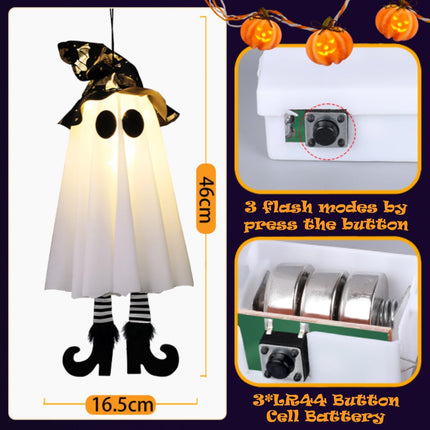 3-Piece Halloween Hanging Ghosts with Witch Hat Lights, Glowing Yard & Garden Decor