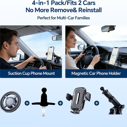 2-Pack MagSafe Car Phone Holder, Adjustable Suction Mount for iPhone & Android, 4-in-1