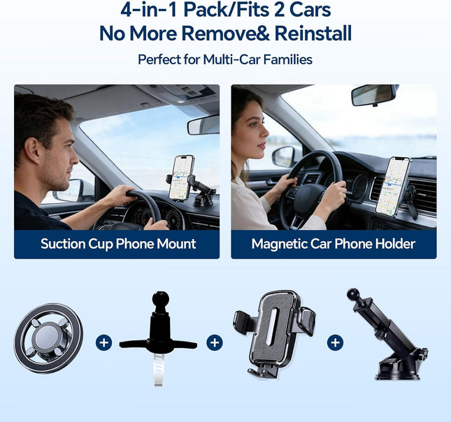 2-Pack MagSafe Car Phone Holder, Adjustable Suction Mount for iPhone & Android, 4-in-1