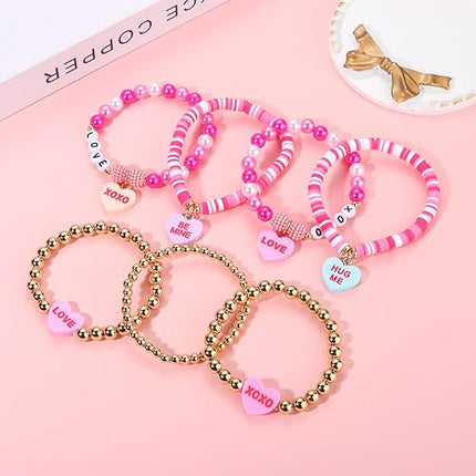 Beaded Heishi XOXO Bracelet: Hot Pink Valentine’s Day Heart Charm Stackable Jewelry