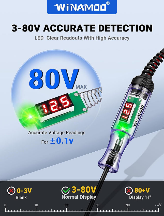 Automotive Test Light – 3-80V LED Digital Voltage Display, Circuit Tester, Extra Probe