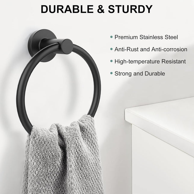 Matte Black Towel Ring – Stainless Steel, Wall-Mounted, Heavy Duty
