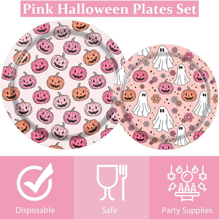 60-Piece Pink Halloween Plates & Napkins Set, Pumpkin Ghost Flower Party Tableware